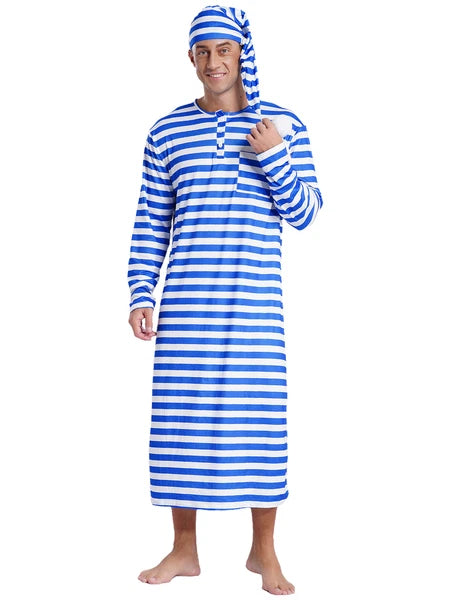 Men's Nightshirt Striped Loose Sleepwear Night Pajama Set Robe with Sleeping Cap