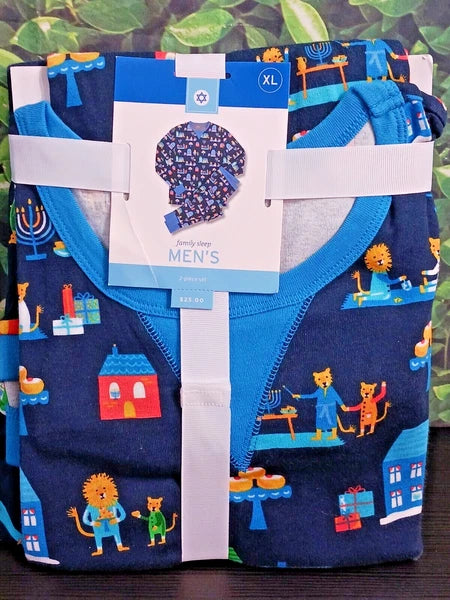Hanukkah Menorah Men’s XL Blue  Pajama Set Dreidel Lion Jewish 100% Cotton NWT