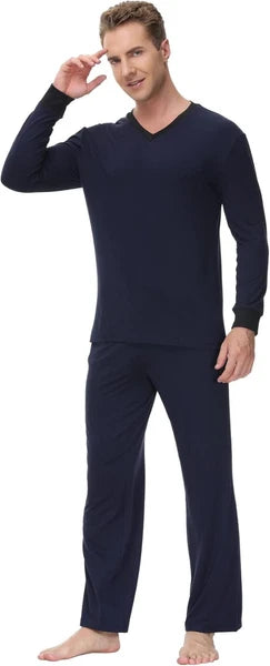 INK+IVY Men Sleepwear Pajama Set Cuffed Long Sleeve V-Neck T-Shirt BLUE