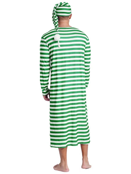 Men's Nightshirt Striped Loose Sleepwear Night Pajama Set Robe with Sleeping Cap