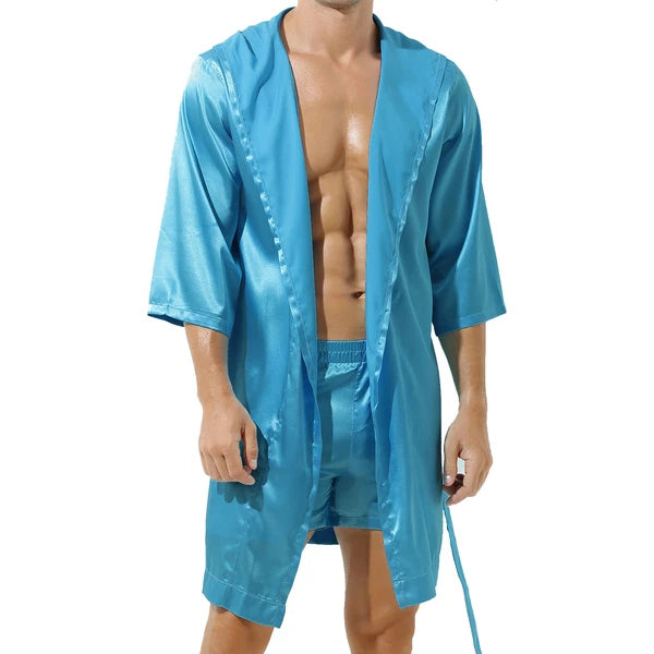 Mens Robes Silky Satin Hooded Bathrobe Luxurious Pyjama Set Nightgowns Sleepwear
