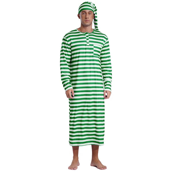Men's Nightshirt Striped Loose Sleepwear Night Pajama Set Robe with Sleeping Cap