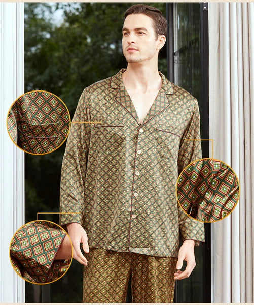 Men's 19MM Mulberry Silk Pajamas Set Print Silk Sleepwear S M L XL