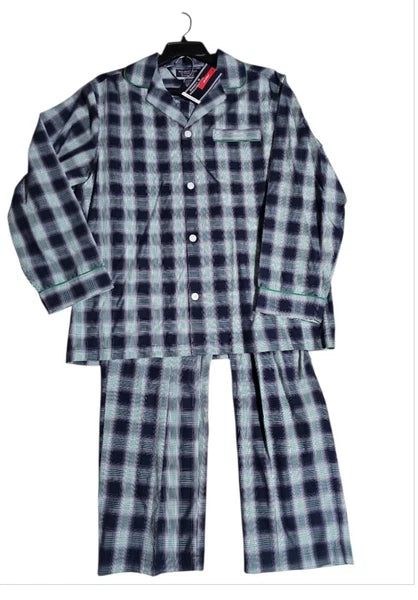 NWT Size L Roundtree & Yorke 2 PC Long Sleeve Pajamas Blue Check All Cotton/FM