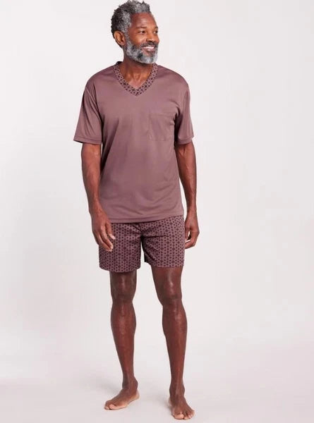 NEW Mens Sz Medium Rose Brown Shirt & Shorts 2 Pc Pajama Lounge Set JOHN BLAIR