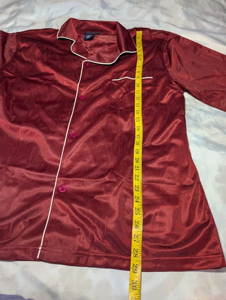 JOHN BLAIR Men's Large 2 Pc Pajama Set Sleepwear Burgundy SATIN Pants Button Top