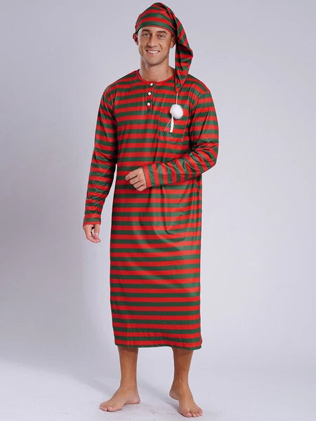 Men's Nightshirt Striped Loose Sleepwear Night Pajama Set Robe with Sleeping Cap