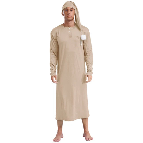 Men's Sissy Nightwear Loose Striped Robe Long Sleeve Nightshirt Cap Pajama Sets