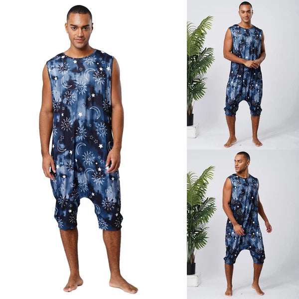 Men's Loose Romper Pajamas Jumpsuit Sleepwear Zipper Crotch One Piece Bodysuit