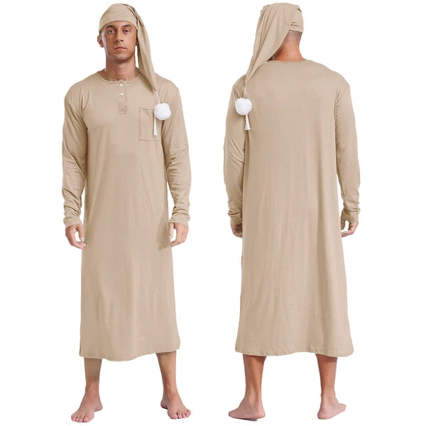Men's Sissy Nightwear Loose Striped Robe Long Sleeve Nightshirt Cap Pajama Sets