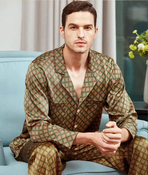 Men's 19MM Mulberry Silk Pajamas Set Print Silk Sleepwear S M L XL