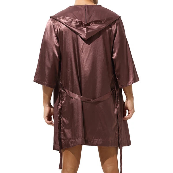 Mens Robes Silky Satin Hooded Bathrobe Luxurious Pyjama Set Nightgowns Sleepwear