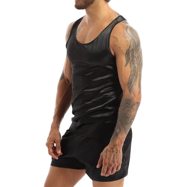 Mens Satin Pajamas Set Lounge Shorts Tank Top Silk Shirt Sleepwear Nightwear
