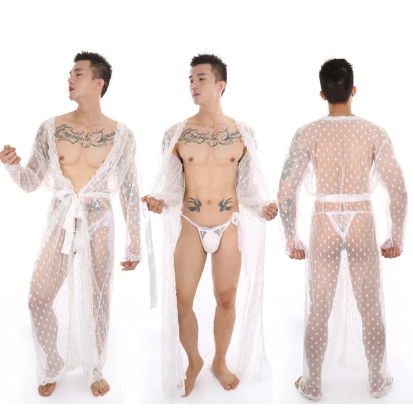 Men Lace Robe Gown Bathrobe Sissy Nightwear See Through Underwear Pajamas