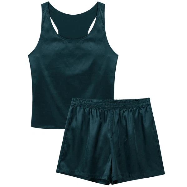 Mens Satin Pajamas Set Lounge Shorts Tank Top Silk Shirt Sleepwear Nightwear