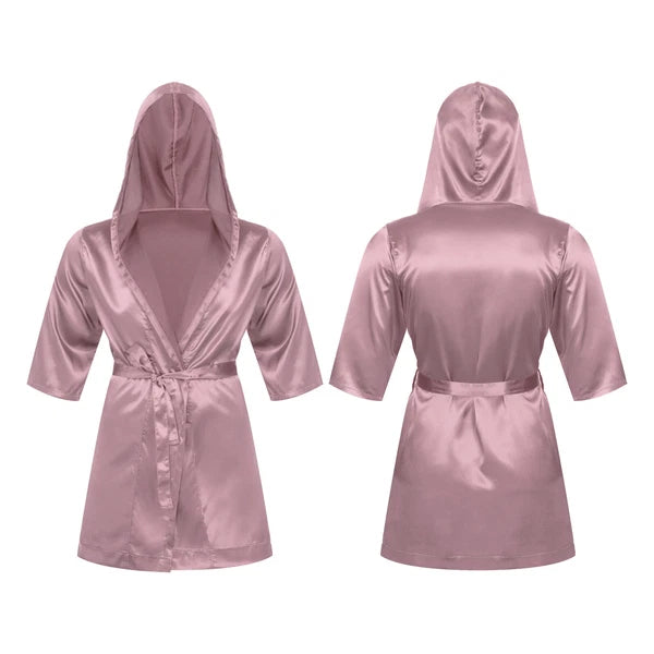 Men's Silk Satin Pajamas Hooded Bathrobe with Belted Set Bath Robe Sleepwear