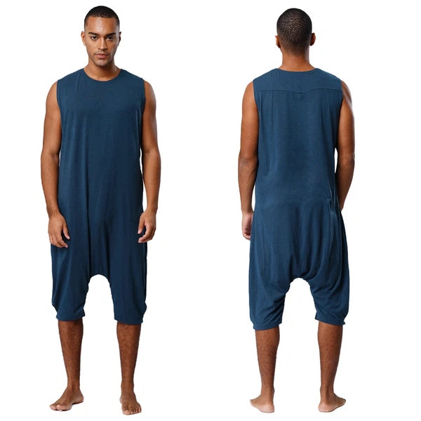 Men's Loose Romper Pajamas Jumpsuit Sleepwear Zipper Crotch One Piece Bodysuit