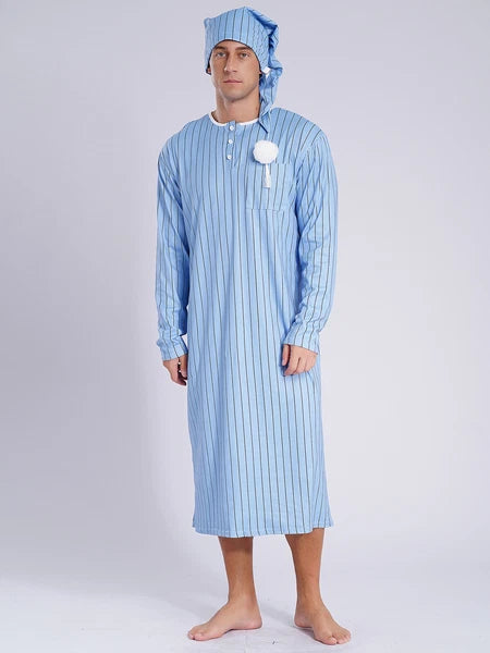 Men's Sissy Nightwear Loose Striped Robe Long Sleeve Nightshirt Cap Pajama Sets