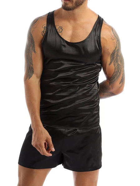 Mens Satin Pajamas Set Sleeveless Tank Top with Shorts Sleepwear Nightwear
