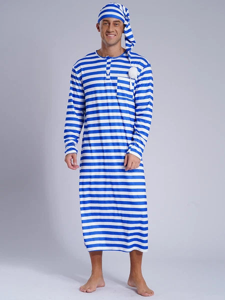 Men's Nightshirt Striped Loose Sleepwear Night Pajama Set Robe with Sleeping Cap