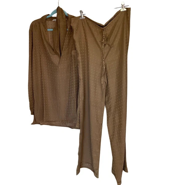 Vintage Mens Pajama Set Size 48 Tan 3 Piece Pockets Belted Pure Silk Italy