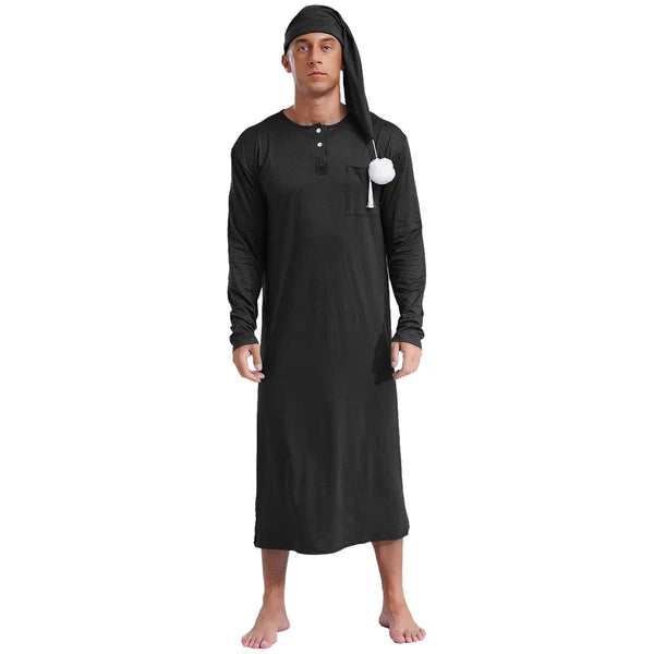 Men's Sissy Nightwear Loose Striped Robe Long Sleeve Nightshirt Cap Pajama Sets