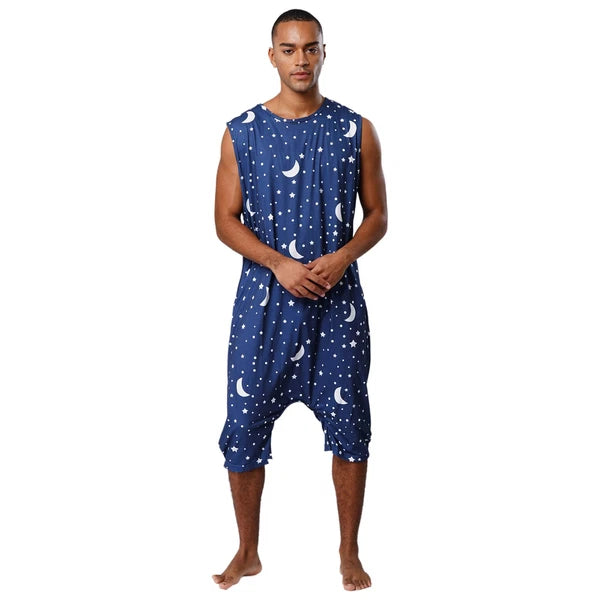 Men's Loose Romper Pajamas Jumpsuit Sleepwear Zipper Crotch One Piece Bodysuit