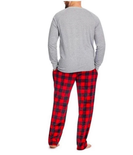 NWT mens L PAJAMAS Buffalo Plaid red Long Sleeve Shirt & Pant reindeer 2 piece
