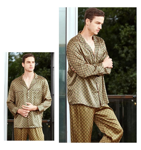 Men's 19MM Mulberry Silk Pajamas Set Print Silk Sleepwear S M L XL