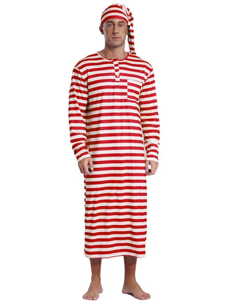 Men's Nightshirt Striped Loose Sleepwear Night Pajama Set Robe with Sleeping Cap