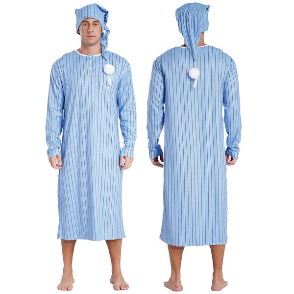 Men's Sissy Nightwear Loose Striped Robe Long Sleeve Nightshirt Cap Pajama Sets