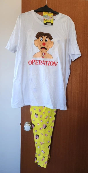 Hasbro Gaming Operation Mens White Yellow Printed 2 Piece Pyjama Set Size L New