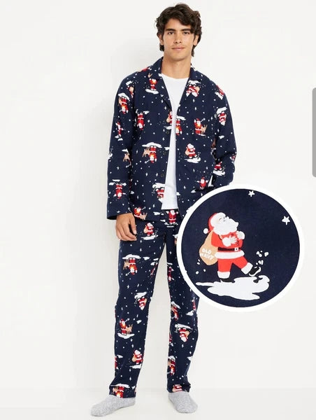 Old Navy Printed Flannel Pajama Set Men's S Small Christmas Print Santa Navy
