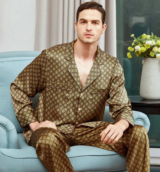 Men's 19MM Mulberry Silk Pajamas Set Print Silk Sleepwear S M L XL