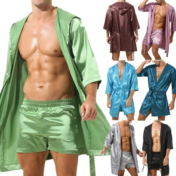 Mens Robes Silky Satin Hooded Bathrobe Luxurious Pyjama Set Nightgowns Sleepwear