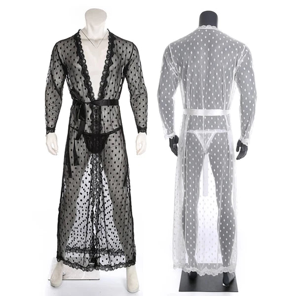 Men Lace Robe Gown Bathrobe Sissy Nightwear See Through Underwear Pajamas