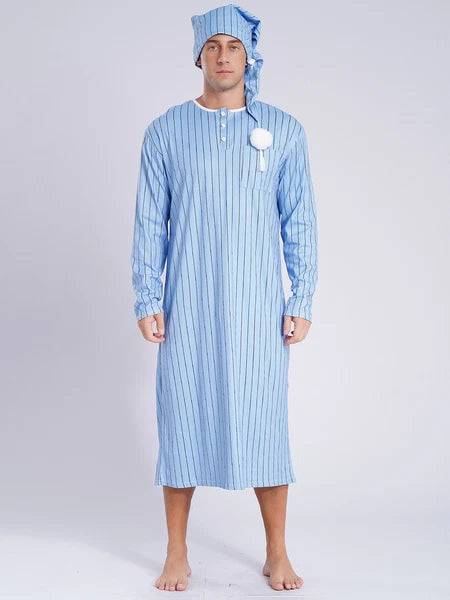 Men's Sissy Nightwear Loose Striped Robe Long Sleeve Nightshirt Cap Pajama Sets