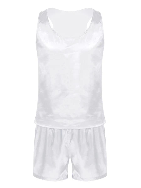 Mens Satin Pajamas Set Lounge Shorts Tank Top Silk Shirt Sleepwear Nightwear