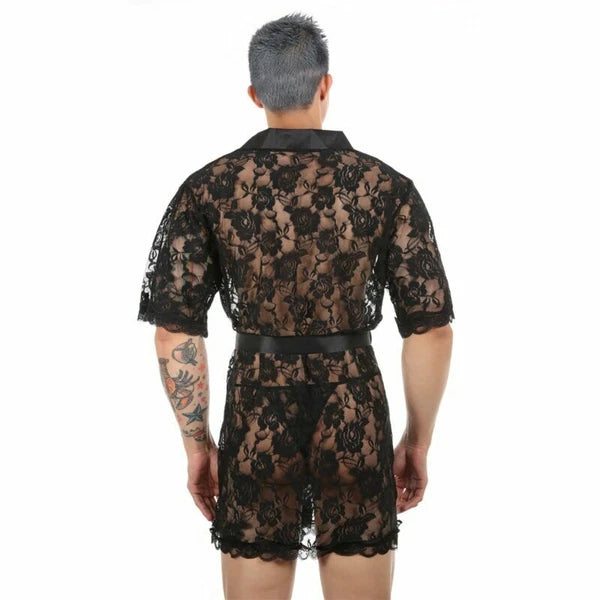 Men Lace Robe Gown Bathrobe Sissy Nightwear See Through Underwear Pajamas