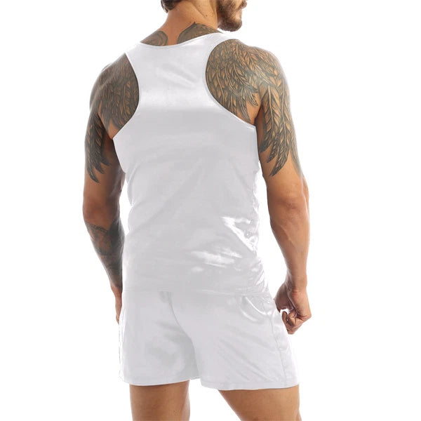 Mens Satin Pajamas Set Sleeveless Tank Top with Shorts Sleepwear Nightwear