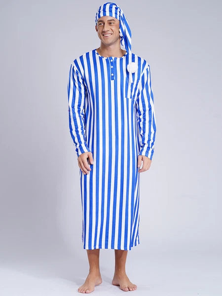 Men's Sissy Nightwear Loose Striped Robe Long Sleeve Nightshirt Cap Pajama Sets