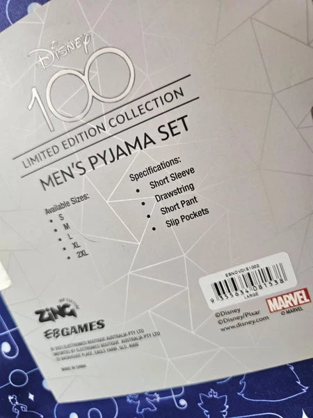 DISNEY 100 Years Satin Pyjama Set Mens SIZE LARGE Blue Short Sleeve BNWT