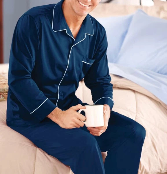 Satin TRICOT 2 Pc Pajama Set Navy Mens L LS Top W/Pull on Bottoms John BLAIR