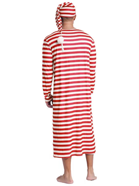Men's Nightshirt Striped Loose Sleepwear Night Pajama Set Robe with Sleeping Cap