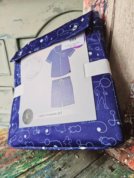 DISNEY 100 Years Satin Pyjama Set Mens SIZE LARGE Blue Short Sleeve BNWT