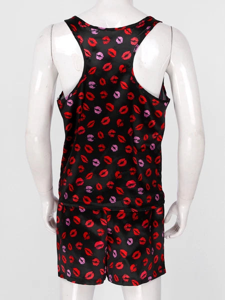 Mens Satin Pajamas Set Sleeveless Tank Top with Shorts Sleepwear Nightwear