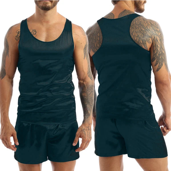 Mens Satin Pajamas Set Sleeveless Tank Top with Shorts Sleepwear Nightwear