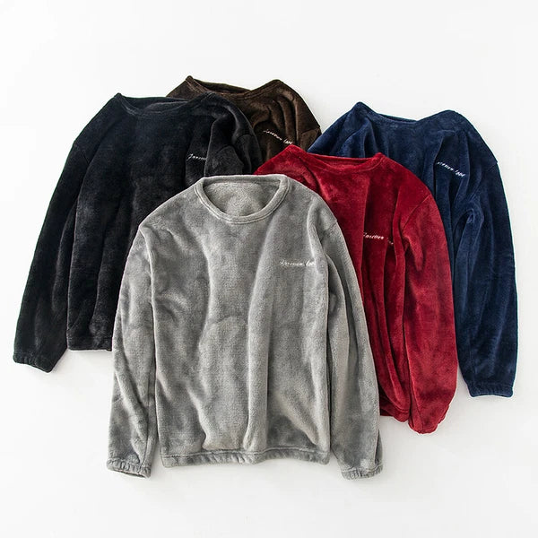Men Nightwear Pajama Set Flannel Coral Fleece Pullover Tops Soft Long Sleeve New