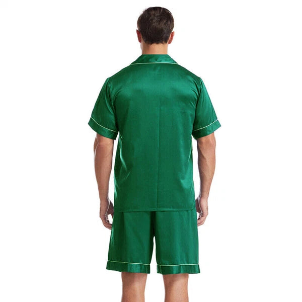 Mens Satin Pajamas Set Short Sleeves Button Down Shirt with Shorts Sleepwear Pjs