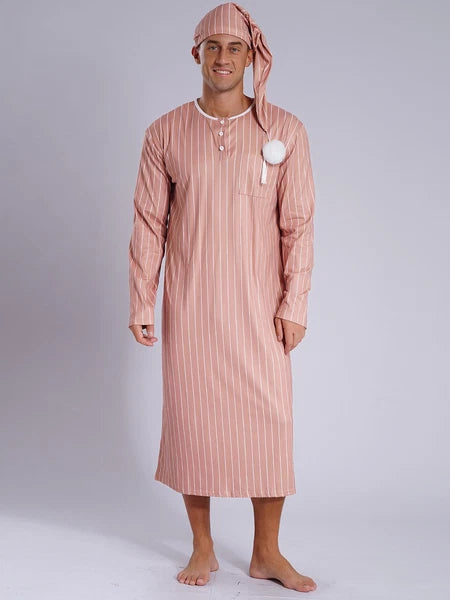 Men's Sissy Nightwear Loose Striped Robe Long Sleeve Nightshirt Cap Pajama Sets